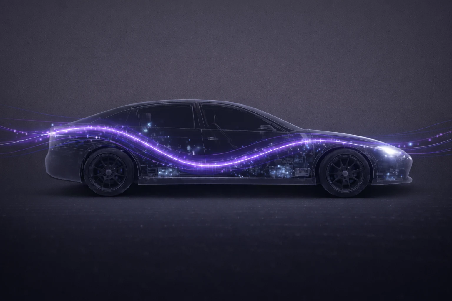 Vehicle illuminated by a violet curve of predictive data