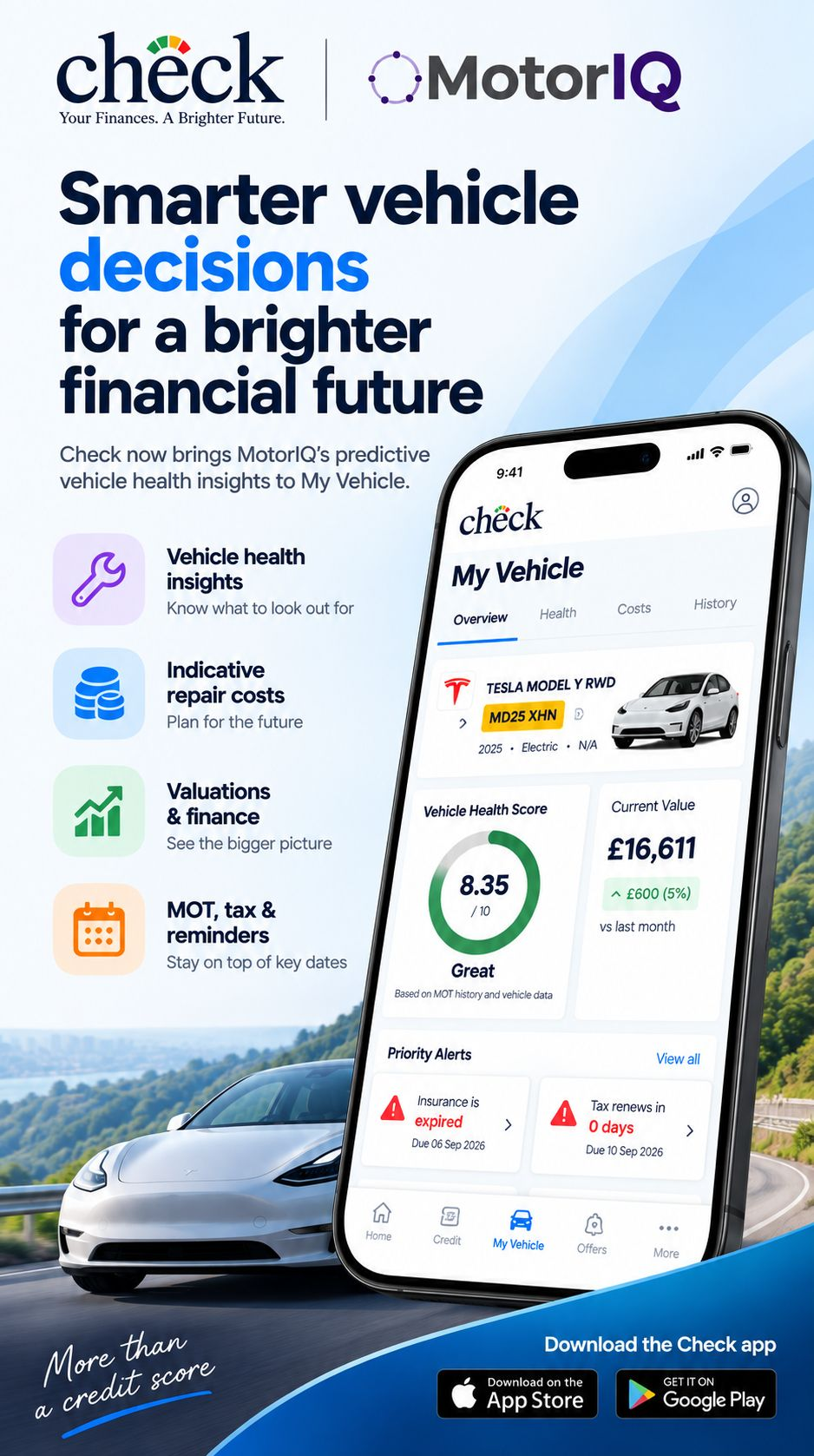 Check and MotorIQ My Vehicle overview showing vehicle health insights, indicative repair costs, valuations and finance, and MOT, tax and reminders.