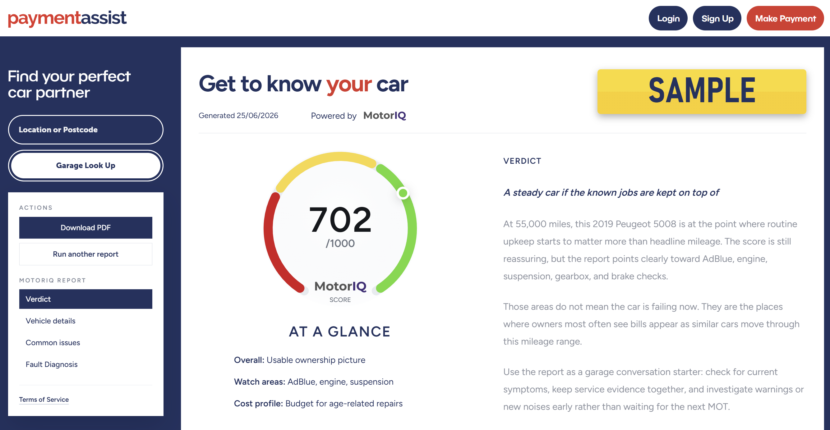 Payment Assist Get to know your car report with a MotorIQ score and verdict.